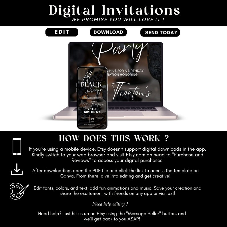 Inbjudan till All Black-födelsedagsfest, födelsedagsmiddag, födelsedagsbrunch, digital All Black-affärsmall, redigerbar inbjudan till formell klädsel bild 7