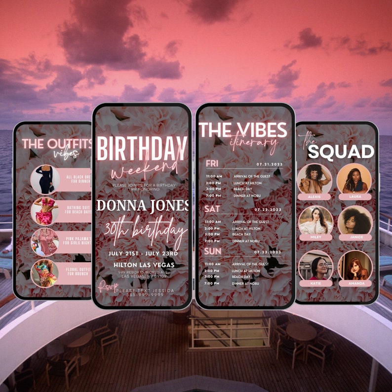 May include: A pink and white birthday invitation with a floral design. The invitation is for Donna Jones's 30th birthday weekend, 21st-23rd July, at the Hilton Las Vegas. The invitation includes a list of outfits for the weekend, a schedule of events, and a list of the guests attending.