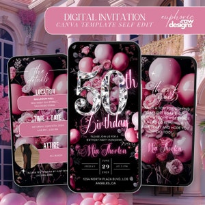 Floral 50th Birthday Invitation, Pink Balloons Diamonds, Editable Digital 50th Glam Dinner Brunch Itinerary Template, Video Birthday Invite