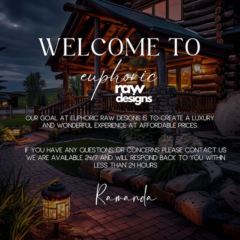 Pode incluir: Bem-vindo &agrave; Euphoric Raw Designs, uma empresa que cria experi&ecirc;ncias de luxo e maravilhosas a pre&ccedil;os acess&iacute;veis. A imagem mostra uma cabana de madeira r&uacute;stica com um caminho de pedra e uma lanterna. O texto "Ramanda" &eacute; vis&iacute;vel na parte inferior da imagem.