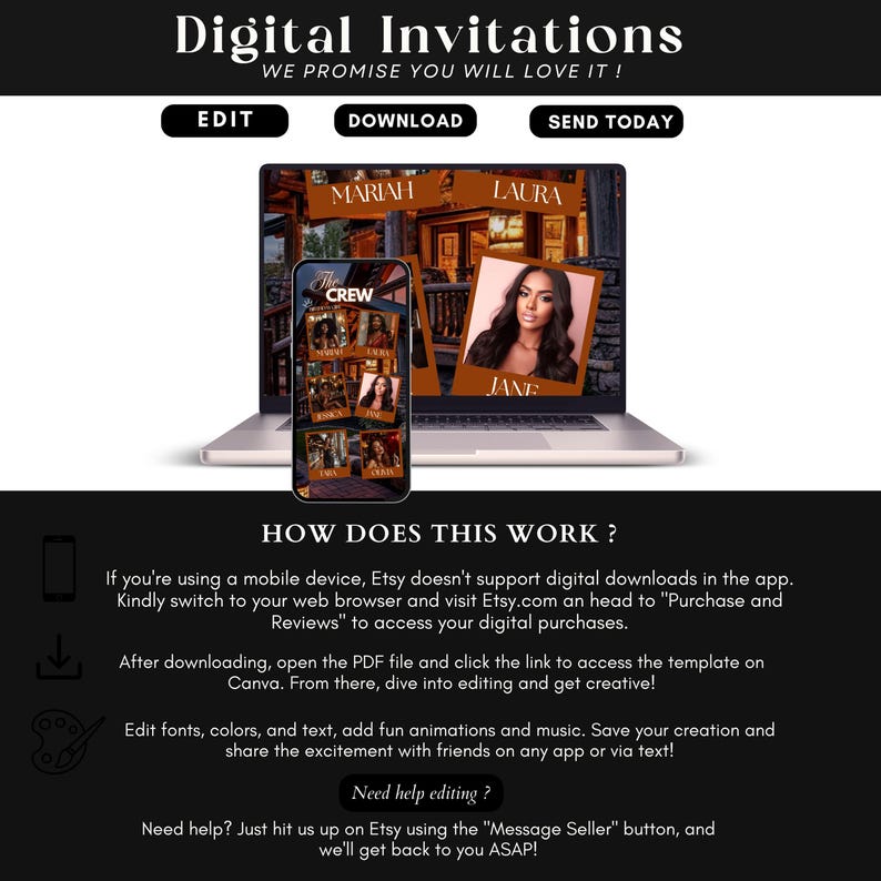 Pode incluir: Um modelo de convite digital para uma festa ou evento. O modelo apresenta um design com tema de cabana com uma colagem de fotos e o texto "The Crew". O modelo pode ser editado usando Canva.