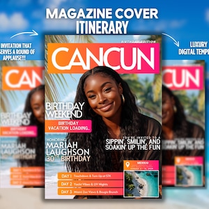 Cancun Birthday Itinerary Invitation, Magazine Cover Girls Trip Evite, Mexico Editable Beach Weekend Travel Template, Digital Invite for Her