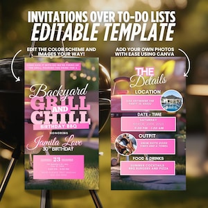 Pode incluir: Um convite rosa e branco para um churrasco de anivers&aacute;rio "Grill e relax" no quintal. O convite apresenta uma churrasqueira, uma piscina e o texto "Backyard Grill and Chill Birthday BBQ" com o nome "Jamila Love" e a idade "30th Birthday".