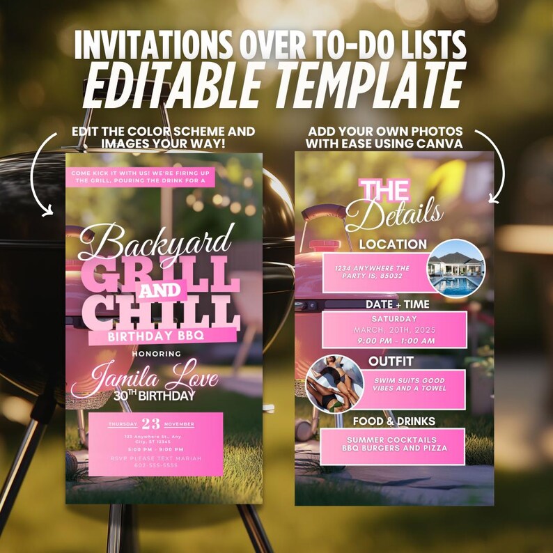 Pode incluir: Um convite rosa e branco para um churrasco de anivers&aacute;rio "Grill e relax" no quintal. O convite apresenta uma churrasqueira, uma piscina e o texto "Backyard Grill and Chill Birthday BBQ" com o nome "Jamila Love" e a idade "30th Birthday".