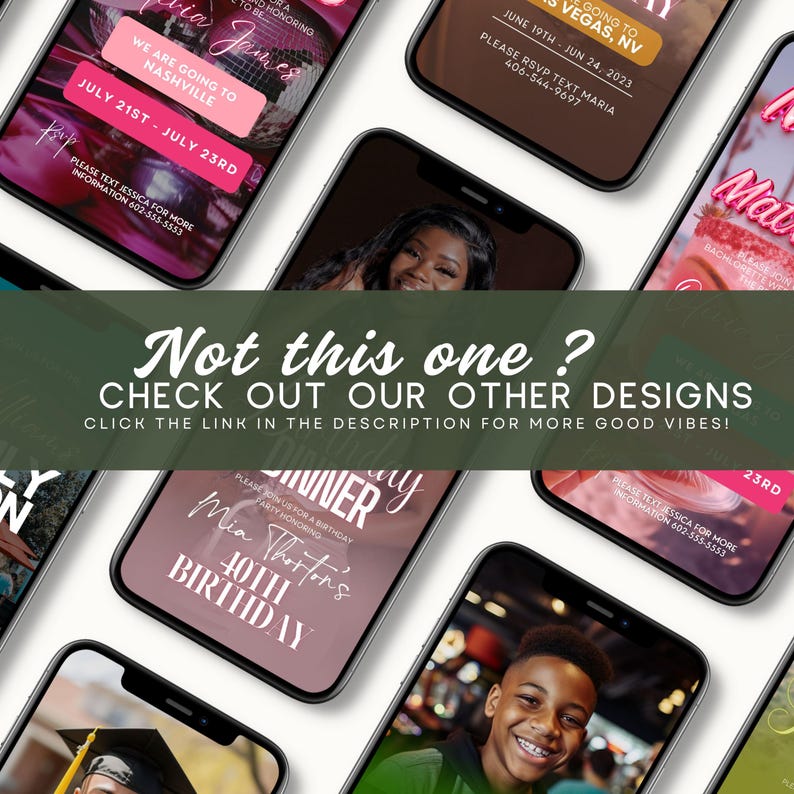 May include: A collection of digital invitations for various events, including a birthday party, a bachelorette party, and a trip to Las Vegas. The invitations feature colorful backgrounds and text, and are designed to be shared on social media.