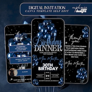 Birthday Dinner Invitation, Elegant Digital Birthday Navy Party Invite, Blue Balloons, Formal Affair Party Animated Self Editable Template