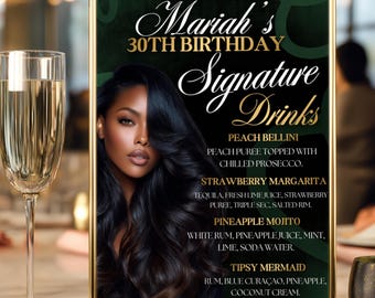Birthday Signature Cocktail Menu, Green Birthday Bar Menu Template, Custom Drinks Sign for Party, Editable Gold Canva Bar Sign, Customizable