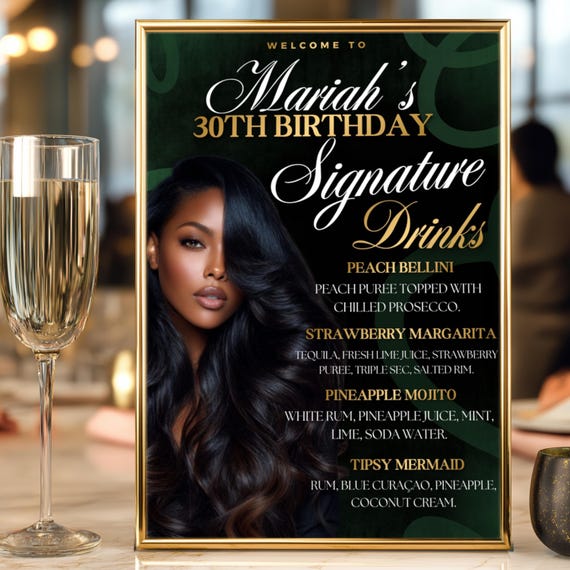 Birthday Signature Cocktail Menu, Green Birthday Bar Menu Template, Custom Drinks Sign for Party, Editable Gold Canva Bar Sign, Customizable