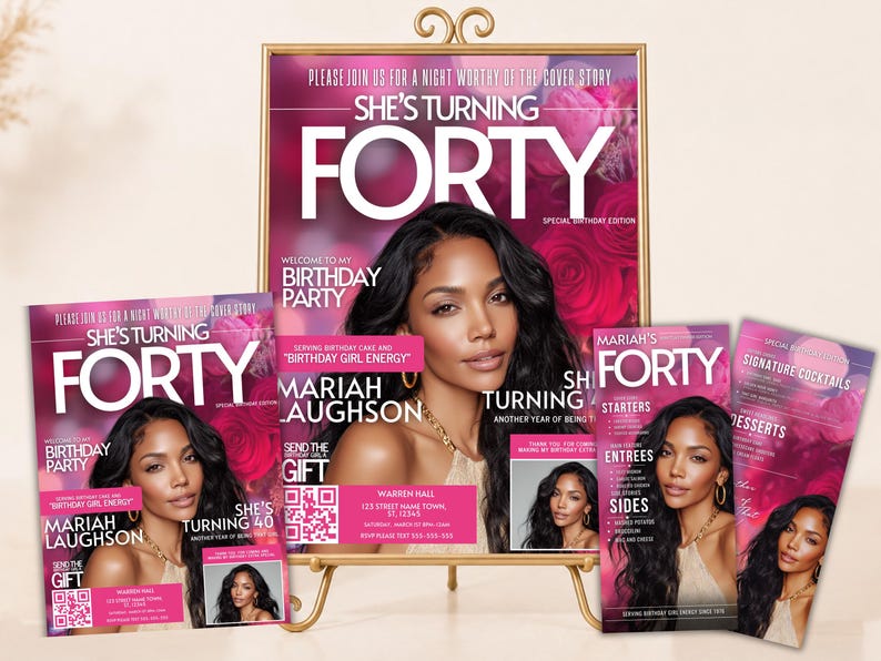 May include: A set of birthday party invitations and menus designed as magazine covers. The pink and red floral themed prints feature the text "SHE'S TURNING FORTY," "MARIAH LAUGHSON," and "BIRTHDAY GIRL ENERGY" alongside a portrait of a woman.