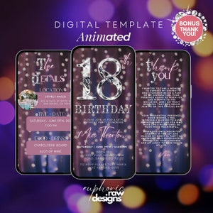 Faire-part numérique 18e anniversaire, invitation fête 18e anniversaire numérique, itinéraire d'anniversaire numérique, diamant scintillant vidéo glam, carte de remerciement
