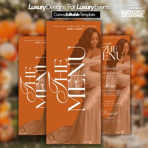 May include: An orange baby shower menu template with the text "The Menu" in elegant script. The template includes a photo of a pregnant woman and menu items like "Buffalo Caprese" and "Tiramisu". The text "Jana and James are welcoming Baby James" is also visible.