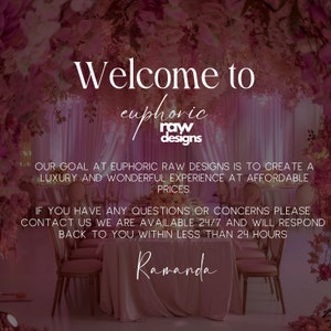 May include: Welcome to Euphoric Raw Designs, a company that creates luxury and wonderful experiences at affordable prices. Contact them 24/7 with any questions or concerns. The image features a pink floral backdrop with two chairs and a table set with a pink tablecloth.