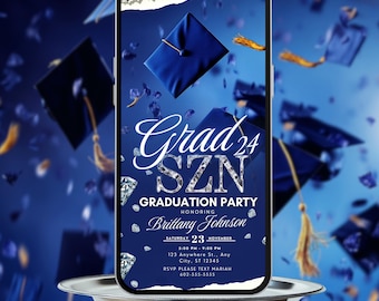 Invito digitale blu per la festa di laurea, elegante biglietto elettronico animato per l'annuncio della stagione di laurea, invito modificabile per la scuola di giurisprudenza della classe del 2025