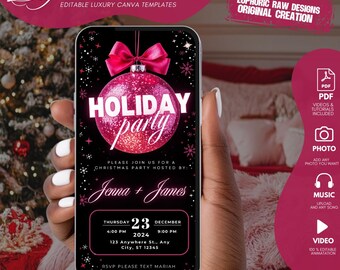 May include: A smartphone screen shows a digital invitation for a Christmas party. The design includes a pink bauble with the words "Holiday Party." The invitation also displays the date, time, location, and RSVP details. The phone is held in a hand.