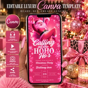 Convite digital divertido para festa de Natal entre amigas, "Chamando todas vocês, Ho Ho Hos", convite eletrônico rosa para noite das meninas com o Papai Noel, modelo de festa editável.
