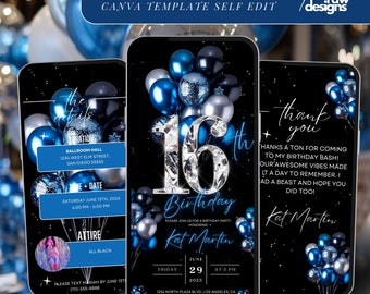 16th Birthday Party Invitation, Blue Silver Digital 16th Glam Dinner Invite Template, Sweet Sixteen Diamond Editable Brunch Itinerary
