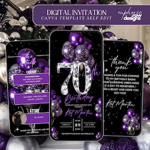 70th Birthday Party Invitation, Purple Silver Balloons, Digital 70th Glam Dinner Invite Template, Diamond Video Editable Brunch Itinerary,