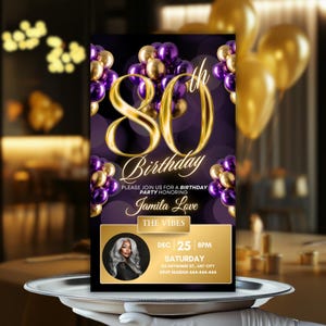 Luxury Purple and Gold 80th Birthday Invitation, Glam Editable Canva Template, Digital Dinner Party Flyer Birthday Invite, Save the Date