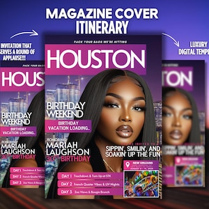 May include: A magazine cover with a pink and purple color scheme. The cover features a woman with dark hair and makeup, and the text "Houston Birthday Weekend" in a white font. The text "Sippin', Smilin', and Soakin' Up the Fun" is also on the cover.