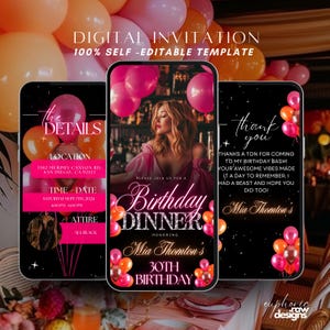 Birthday Dinner Invitation, Elegant Digital Birthday Party Invite, Pink Orange Balloons Formal Affair Party, Animated Self Editable Template