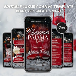 Pode incluir: Modelo digital para um convite para uma festa do pijama de Natal. O design apresenta elementos vermelhos e brancos, com detalhes do evento e a família Williams como anfitriões. Pronto para edição no Canva, para uma celebração festiva.