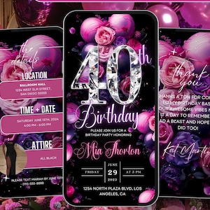 Bloemen 40e verjaardagsuitnodiging, roze paarse diamanten, bewerkbare digitale sjabloon 40e glamourdiner brunch route, video verjaardagsuitnodiging