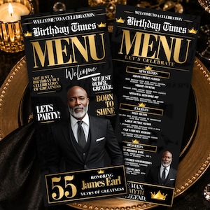55th Birthday Newspaper Dinner Menu, Black Gold Birthday Menu, Men's Black Tie Dinner Menu, Editable Canva Template, Printable Party Menu