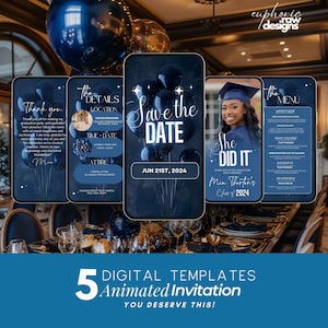 May include: Five digital templates for animated invitations with a blue and gold color scheme. The templates feature a graduation cap, balloons, and text that says "Save the Date", "She Did It", and "The Menu".