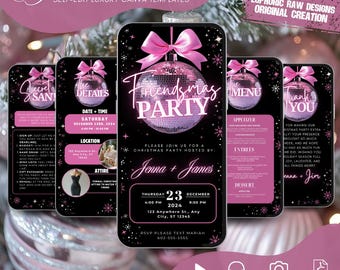May include: Digital itinerary template for a Friendsmas party. The design features a black background with pink accents, including a disco ball and bow. The invitation includes event details and RSVP information. The template is customizable.