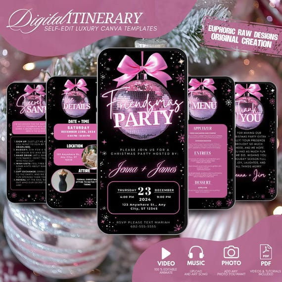 Pink Friendsmas Party Invitation, Luxe Christmas Dinner Invite, Editable Holiday Ornament Template, Animated Silver Digital Design