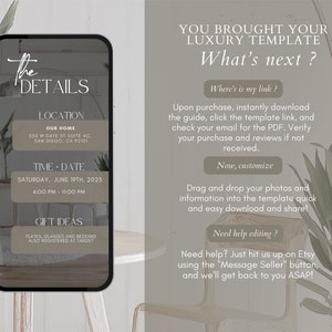 May include: A digital template displayed on a smartphone screen, featuring event details: location, date, and time. The screen also includes instructions on how to customize the template and contact the seller for help.