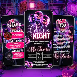 May include: A digital invitation for a Halloween party called "Ghoul's Night" hosted by Mia Thornton. The invitation features a black background with pink and purple accents, and a design of jack-o'-lantern faces. The invitation includes the date, time, location, and attire for the party.