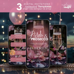 Invitación para despedida de soltera con pétalos y prosecco, invitación digital para brunch y champán, plantilla editable para brunch nupcial floral estilo boho, itinerario de la fiesta.
