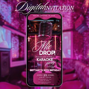 Karaoke Party Birthday Invitation, Animated Karaoke Night Invite, Digital Singing Musical Birthday Evite, Girls Night, Editable DIY Template