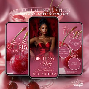 May include: A digital invitation for a 30th birthday party. The invitation features a cherry on top of a pink background with the text "She's the Cherry on Top!" and a photo of a woman in a red dress. The invitation also includes the text "Birthday Party" and "Mia Thomton's 30th Birthday".