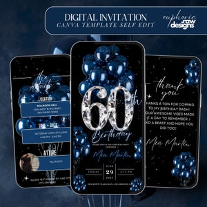 60th Birthday Party Invitation, Navy Blue Balloons Digital 60th Glam Dinner Invite Template, Diamond Video Editable Brunch Itinerary