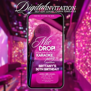 Karaoke Party Birthday Invitation, Animated Karaoke Night Invite, Digital Singing Musical Birthday Evite, Girls Night, Editable DIY Template