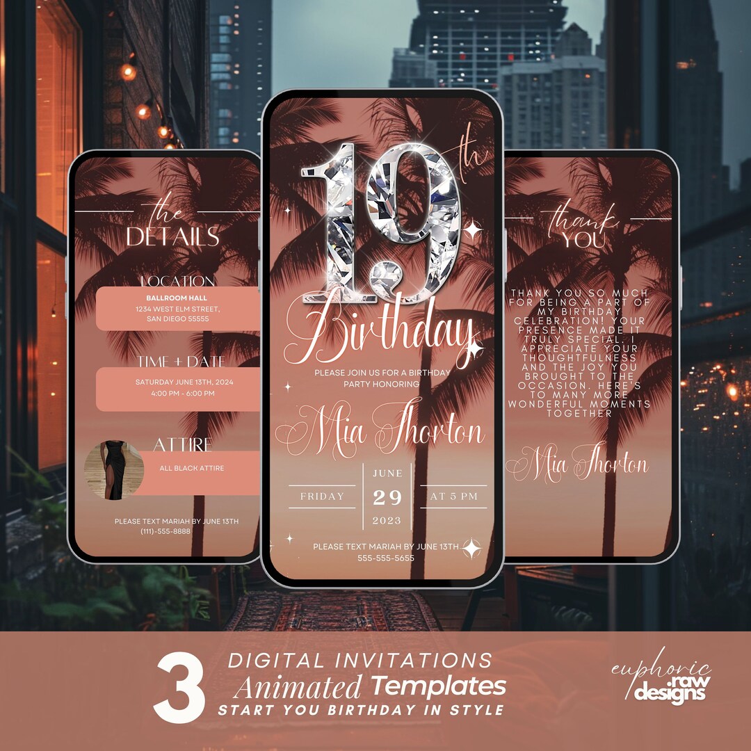 19th Birthday Invitation, Digital Neon Pink Diamond 19th Birthday ...