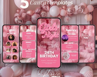 Fiesta de pijamas de cumpleaños para adultos de noche de chicas, itinerario de fiesta de pijamas, noche de chicas en casa, rosa neón, despedida de soltera animada de pijamada,
