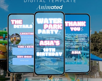 Op de afbeelding: Digitale sjabloon voor een uitnodiging voor een waterparkfeest, weergegeven op drie smartphoneschermen. Het ontwerp bevat tekstelementen zoals "Water Park Party", "Asia's 10th Birthday" en "Thank You". De achtergrond toont een waterpark.