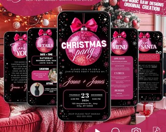 May include: A smartphone screen displaying a digital Christmas party invitation template. The design features a pink glittery bauble, bow, and text. The invitation includes details such as date, time, location, and RSVP information. The theme is festive and holiday-oriented.
