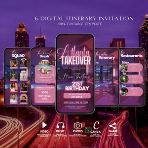 May include: A digital invitation for a 21st birthday party in Atlanta. The invitation features a pink and purple color scheme with a cityscape background. The text "Atlanta Takeover" is in a neon pink font. The invitation includes details about the event, including the date, time, and location. The invitation also includes a list of restaurants and activities.