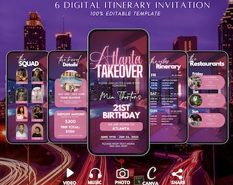 Digital Atlanta Girl's Trip Itinerary Invitation, Animated Travel Itinerary, Georgia Planner Schedule Trip Evite, Editable Planner Template