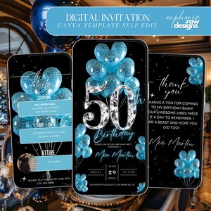 50th Birthday Party Invitation, Light Blue Glam Birthday Invite, Digital Dinner Invitation, Diamond Editable Brunch Evite, Canva Template