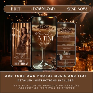 May include: Three digital phone screen mockups with a brown background. The first screen shows a woman in a sparkly dress with the text "Mia Thornton 30th Birthday". The second screen shows a glass of coffee with the text "Mariah's A TINI bit older". The third screen shows the text "The Details" with information about a party, including the location, time, and date. The text on the third screen reads "Ballroom Hall 1234 West Elm Street, San Diego 55555 Saturday June 15th, 2024 4:00 PM - 6:00 PM Attire Cocktail Attire Please text Mariah by June 15th (111) 555-0008".