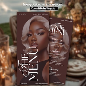 May include: Two brown menu cards with a woman's portrait and the text "The Menu." The menu includes "Starter," "Main," and "Dessert" options. The text "Luxury Designs For Luxury Events! Canva Editable Template" is at the top.