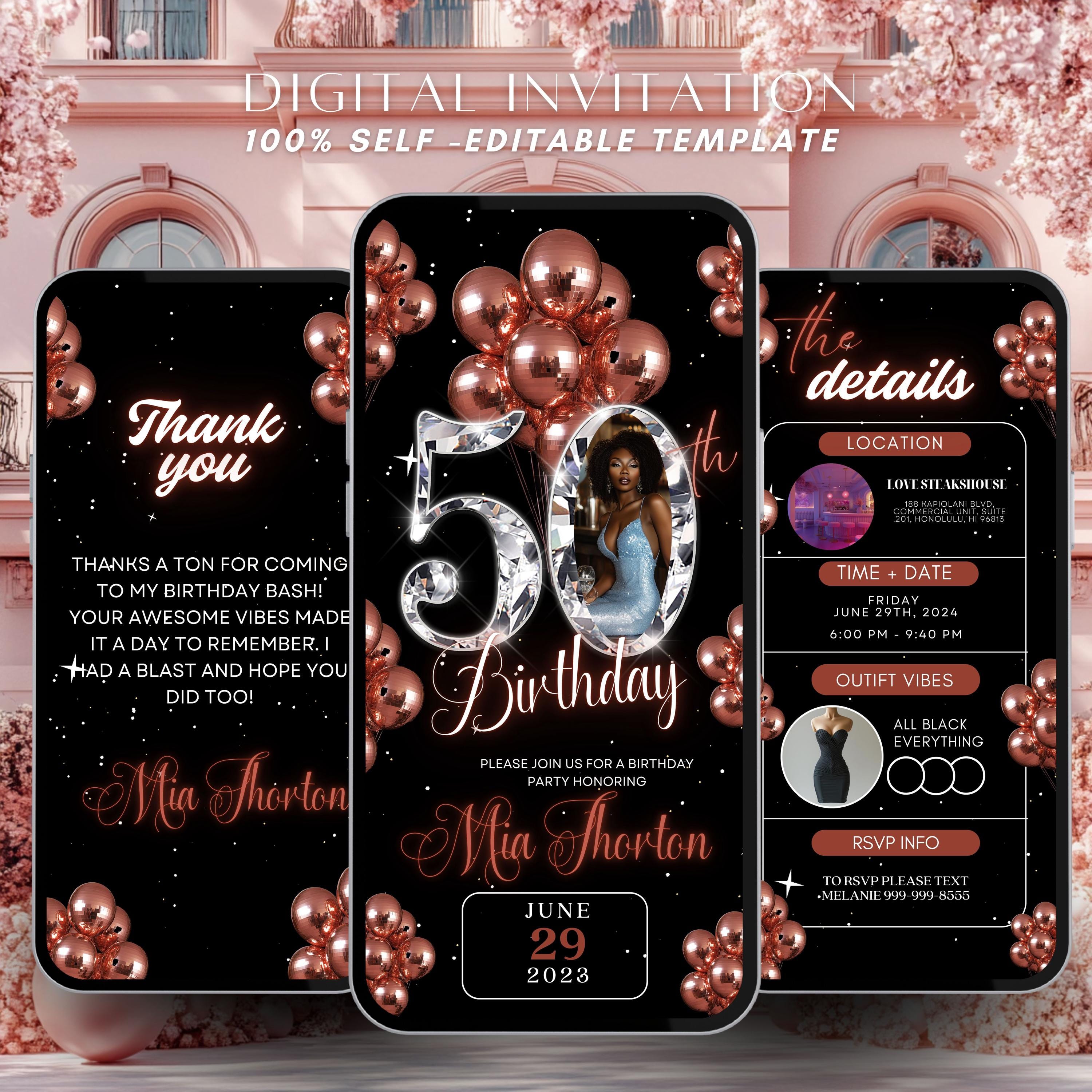 じゅん 50th Birthday Party Invitation, Rose Gold Digital 50th Glam Dinner