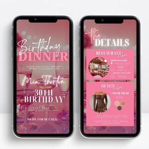Op de afbeelding: Een roze en witte digitale uitnodiging voor een 30e verjaardags diner. De uitnodiging bevat de tekst "Birthday Dinner", "Mia Thornton", "30th Birthday" en "Swipe for Details". De details omvatten de naam van het restaurant, de datum, de tijd en de dresscode.