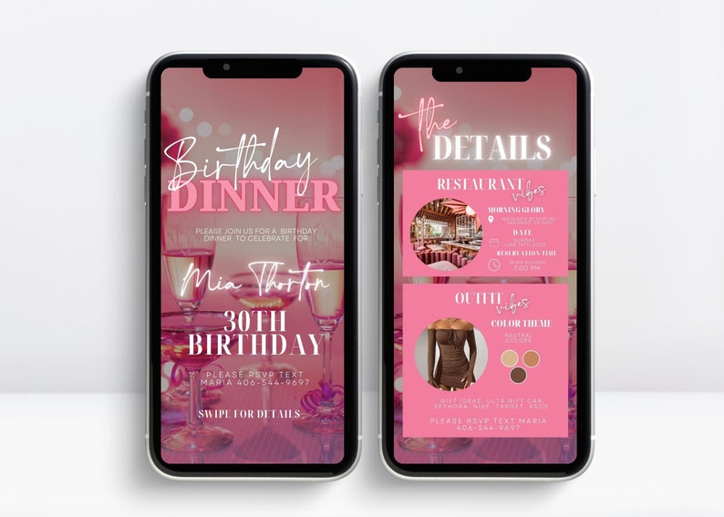 Op de afbeelding: Een roze en witte digitale uitnodiging voor een 30e verjaardags diner. De uitnodiging bevat de tekst "Birthday Dinner", "Mia Thornton", "30th Birthday" en "Swipe for Details". De details omvatten de naam van het restaurant, de datum, de tijd en de dresscode.