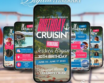 May include: A digital itinerary design for a birthday cruise, featuring multiple smartphone screens. The central screen displays "Birthday Cruisin'" and details for Jessica Bryan's 30th birthday cruise to Cozumel, Mexico, June 14-17, 2025. Other screens show cruise details.